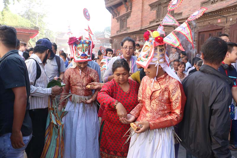 Revellers carry out a procession to mark the annual Gai Jatra Festival in Basantpur, Kathmandu on Friday, August 19, 2016. Photo: RSS
